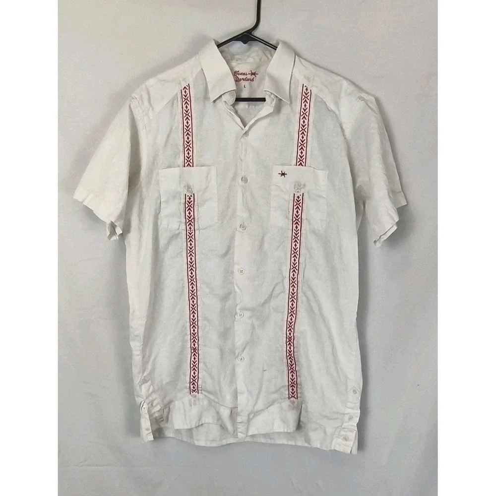 Texas Standard Tejas Guayabera Shirt SZ Large White Short Sleeve Linen Blend